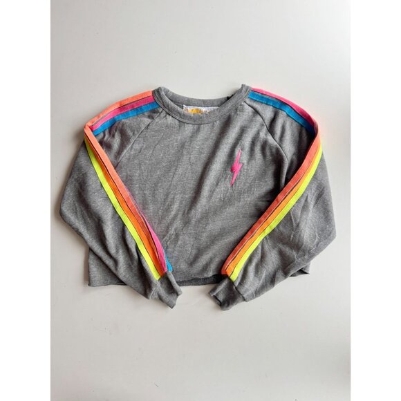AVIATOR NATION Grey Neon Rainbow Bolt Embroidery Fleece Crop Sweatshirt, Size M - Picture 5 of 16